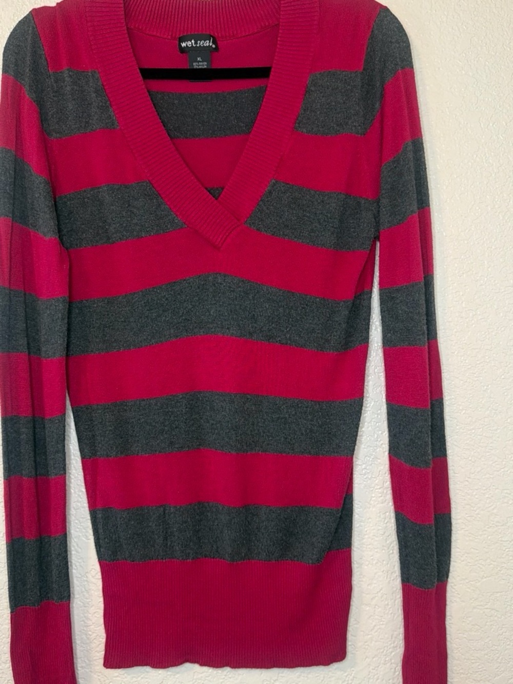 Wet Seal Fuchsia and Gray Striped V-Neck Sweater
